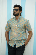 Beige Blue Floral Printed Shirt