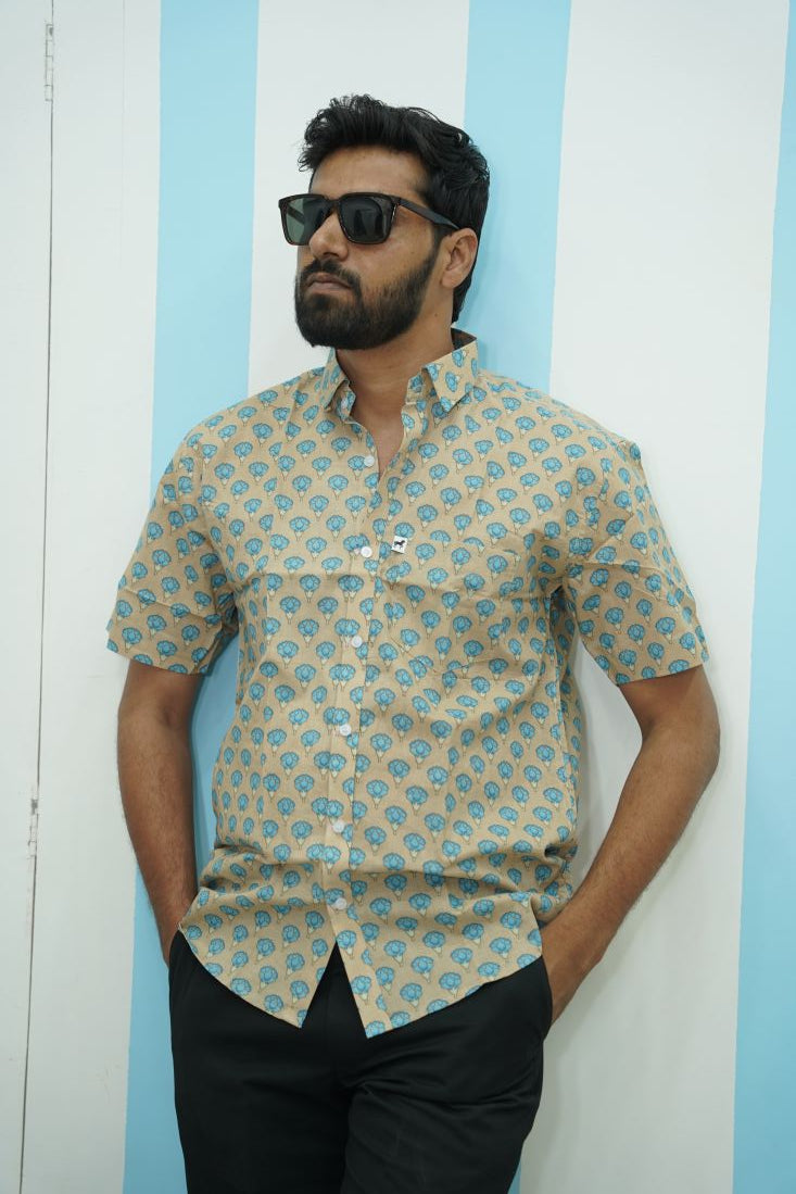 Beige Blue Floral Printed Shirt