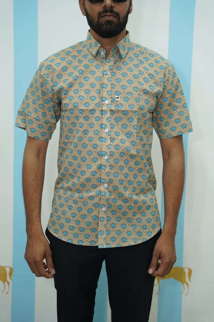 Beige Blue Floral Printed Shirt