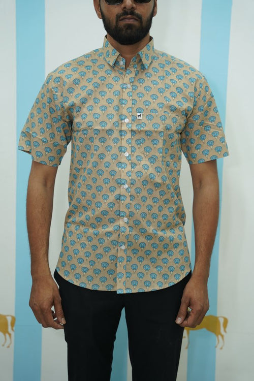 Beige Blue Floral Printed Shirt