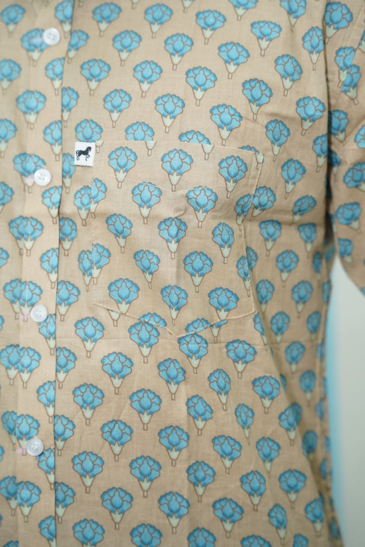Beige Blue Floral Printed Shirt