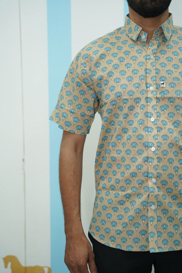 Beige Blue Floral Printed Shirt