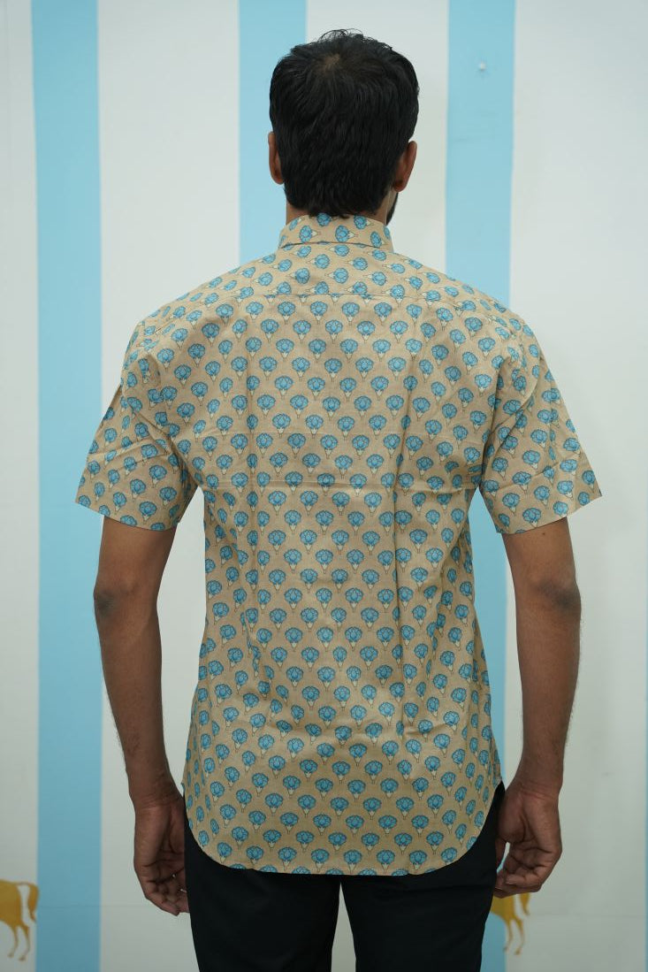 Beige Blue Floral Printed Shirt
