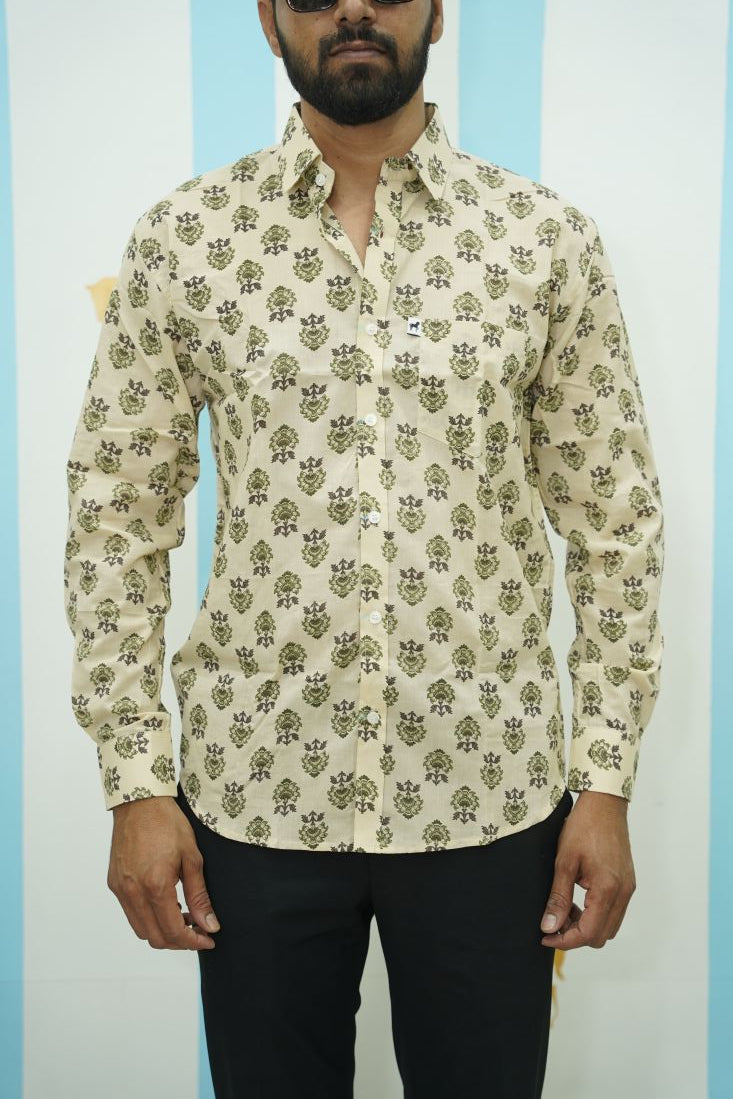 Beige Olive Floral Printed Shirt