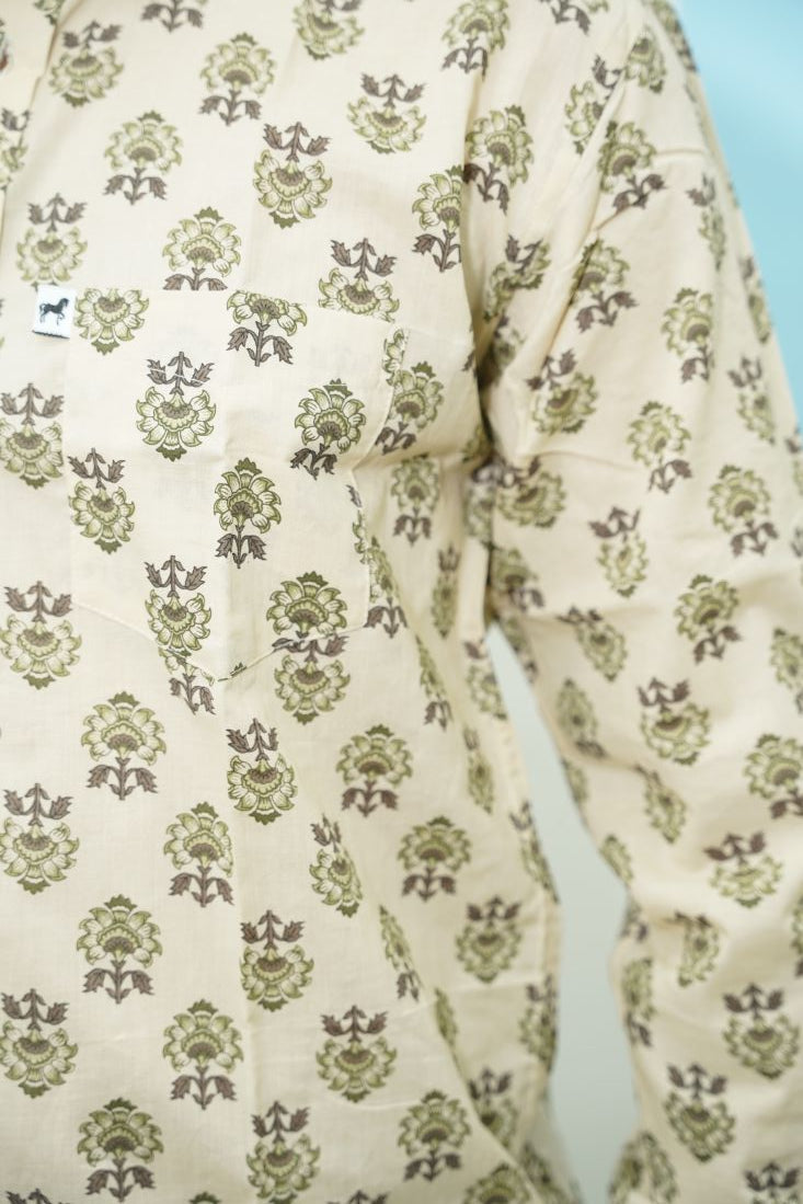 Beige Olive Floral Printed Shirt