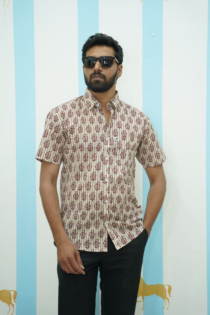 Beige Red Floral Printed Shirt