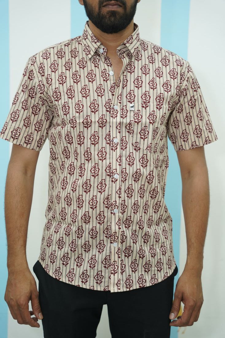 Beige Red Floral Printed Shirt