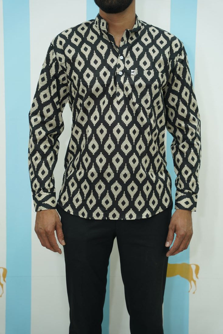 Black Beige Ikat Printed Short Kurta