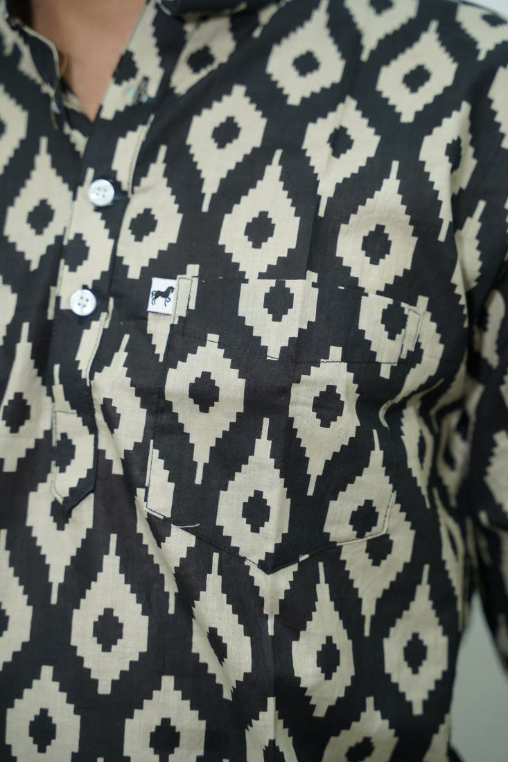 Black Beige Ikat Printed Short Kurta