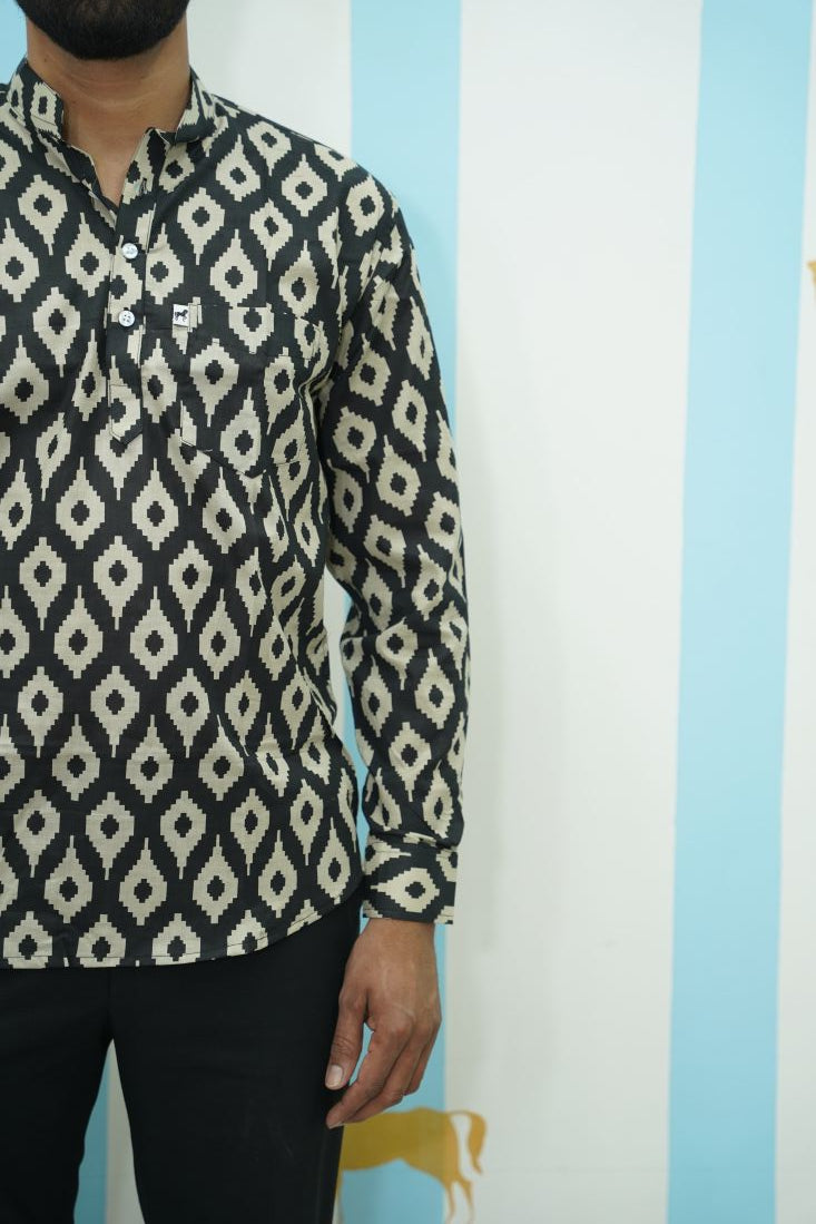 Black Beige Ikat Printed Short Kurta
