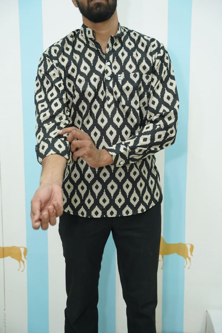 Black Beige Ikat Printed Short Kurta