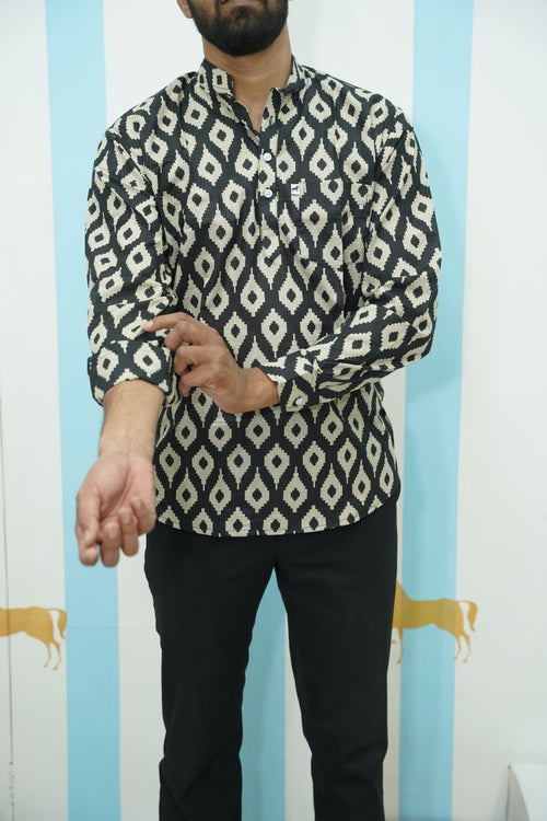 Black Beige Ikat Printed Short Kurta