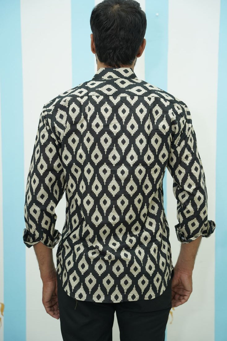 Black Beige Ikat Printed Short Kurta