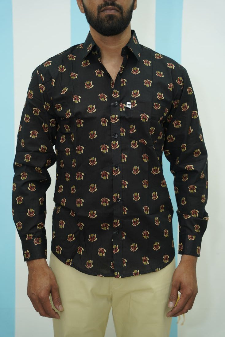 Black Floral Motif Printed Shirt