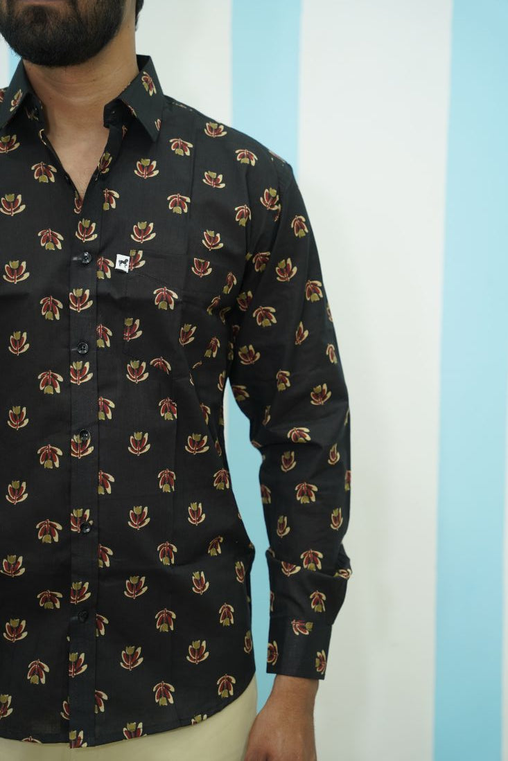 Black Floral Motif Printed Shirt