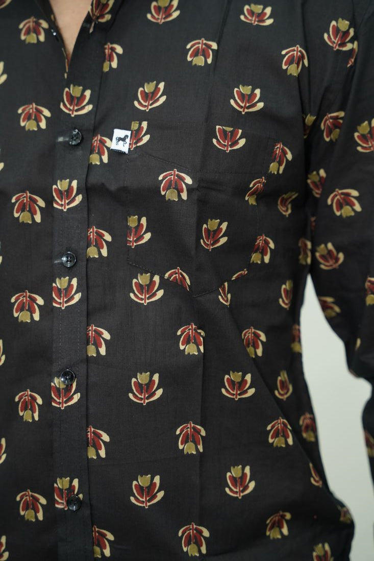 Black Floral Motif Printed Shirt