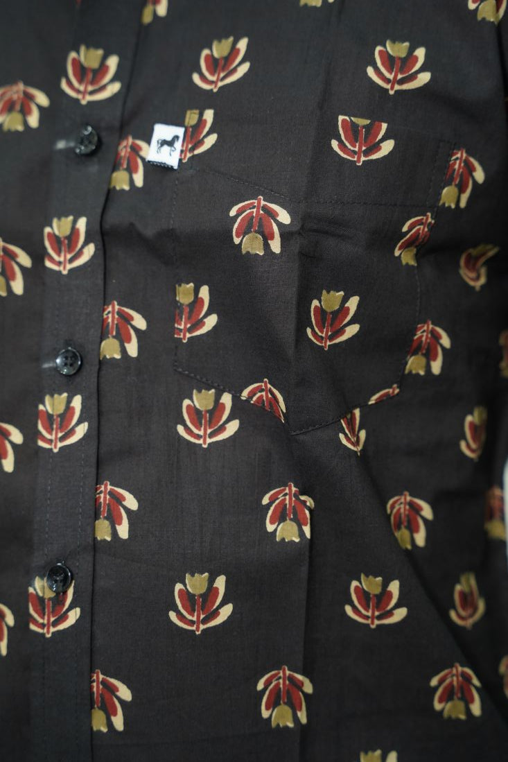 Black Floral Motif Printed Shirt