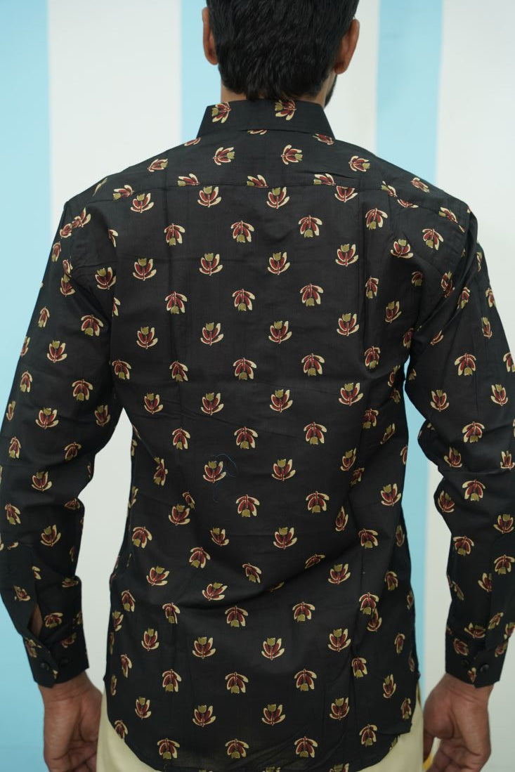 Black Floral Motif Printed Shirt