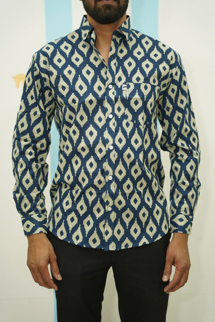 Blue White Ikat Printed Shirt