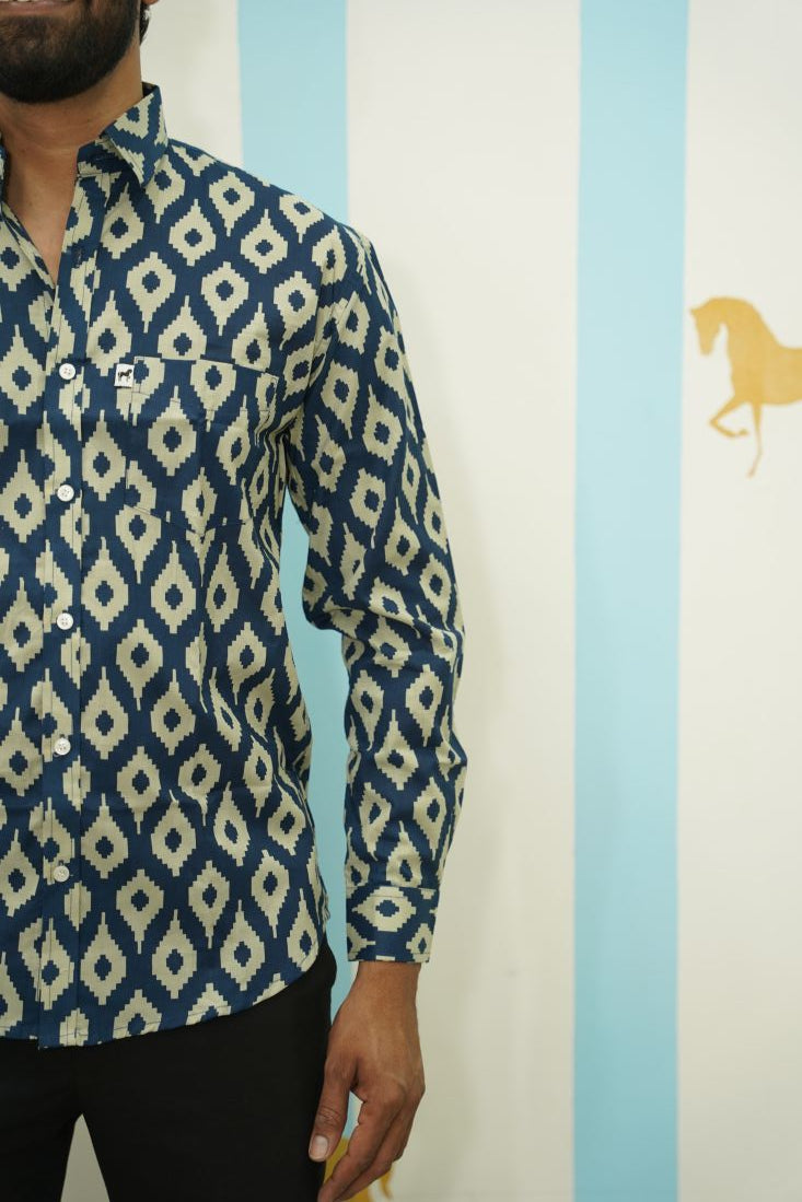 Blue White Ikat Printed Shirt