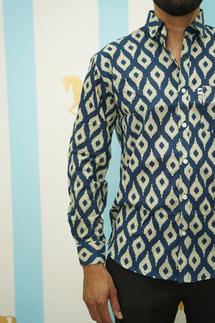 Blue White Ikat Printed Shirt