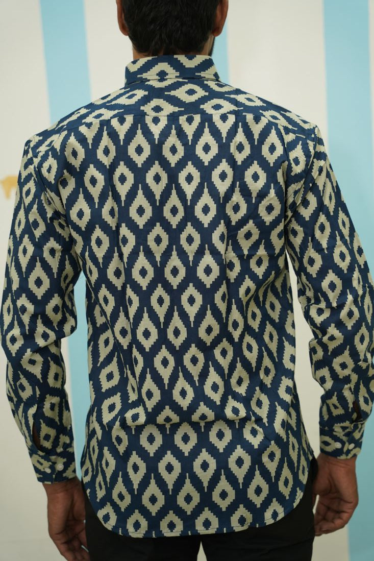 Blue White Ikat Printed Shirt