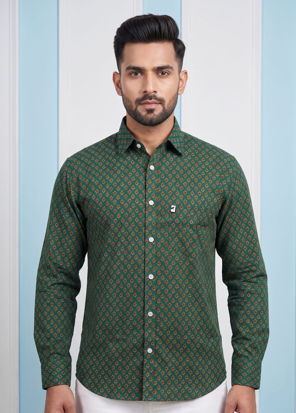 Bottle Green Diamond Buti Printed Shirt