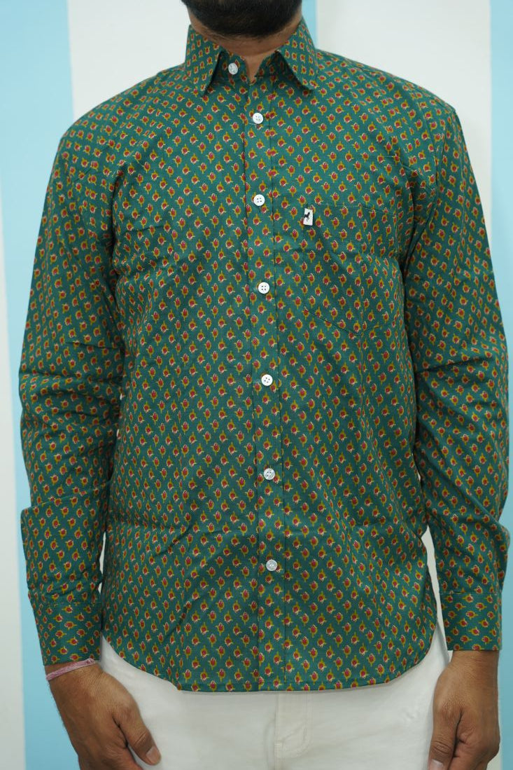 Bottle Green Diamond Buti Printed Shirt