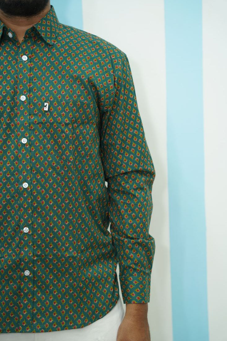 Bottle Green Diamond Buti Printed Shirt