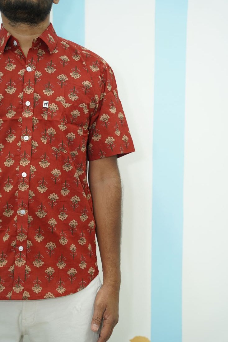 Brick Red Floral Printed Shirt