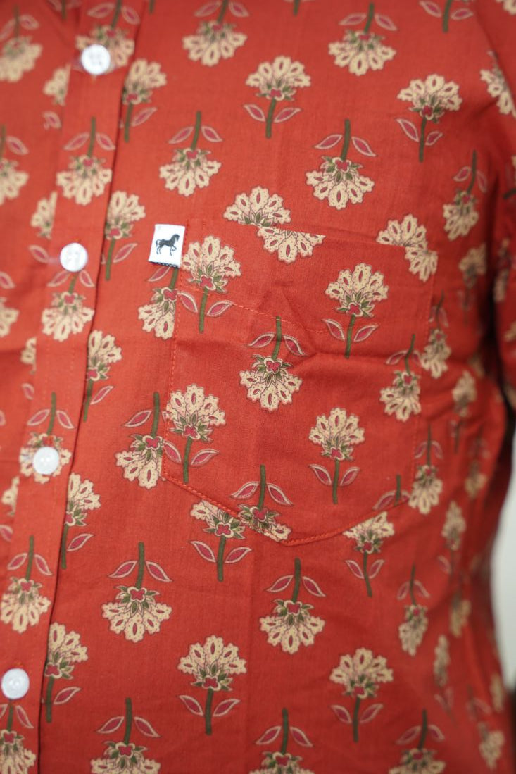 Brick Red Floral Printed Shirt
