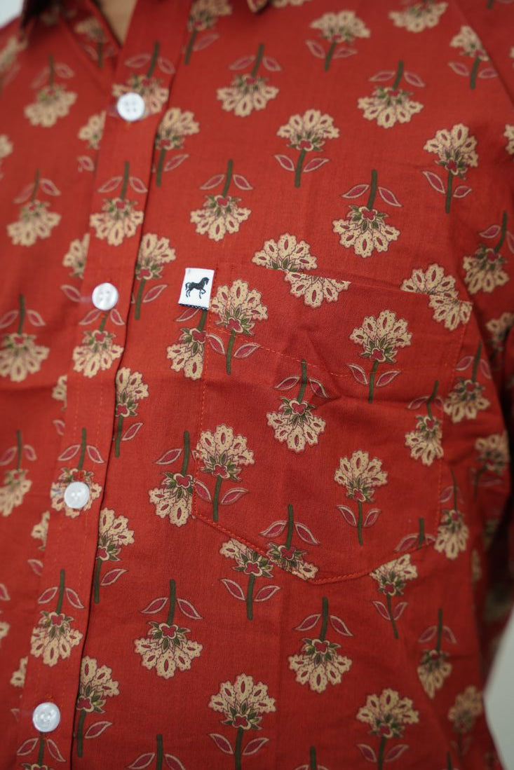 Brick Red Floral Printed Shirt