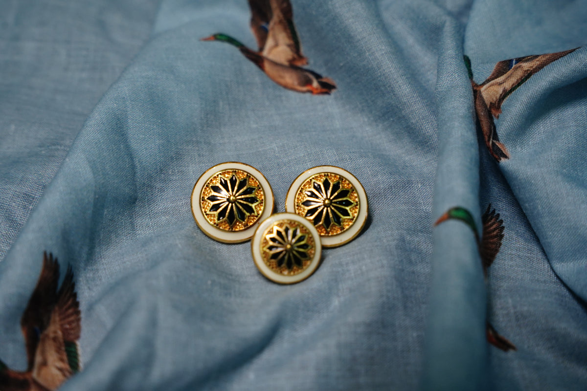Black White Floral Metal Button