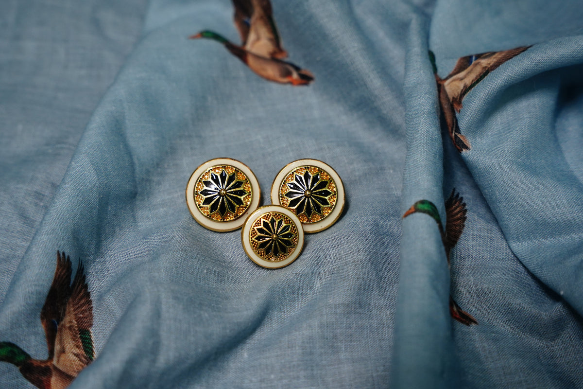 Black White Floral Metal Button