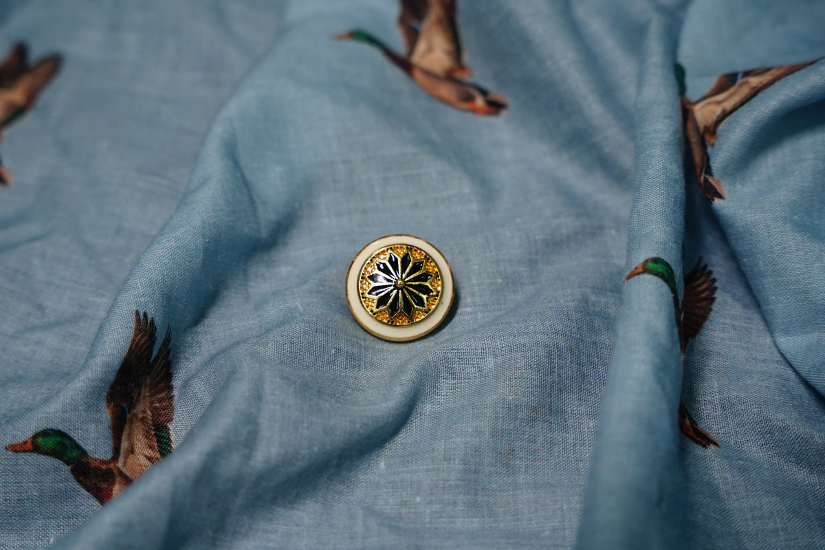 Black White Floral Metal Button