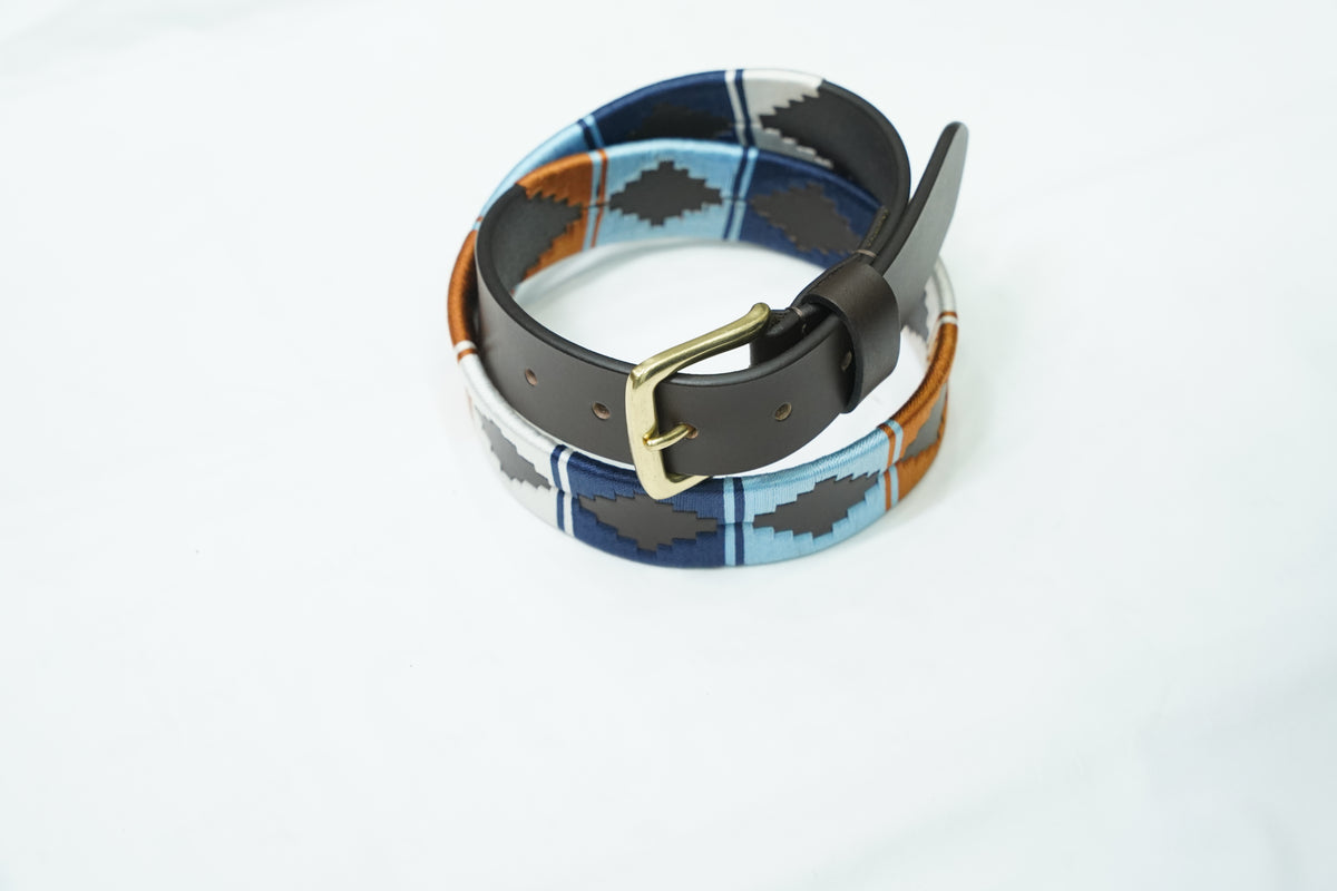 Sky Blue Tan Geometric Leather Belt