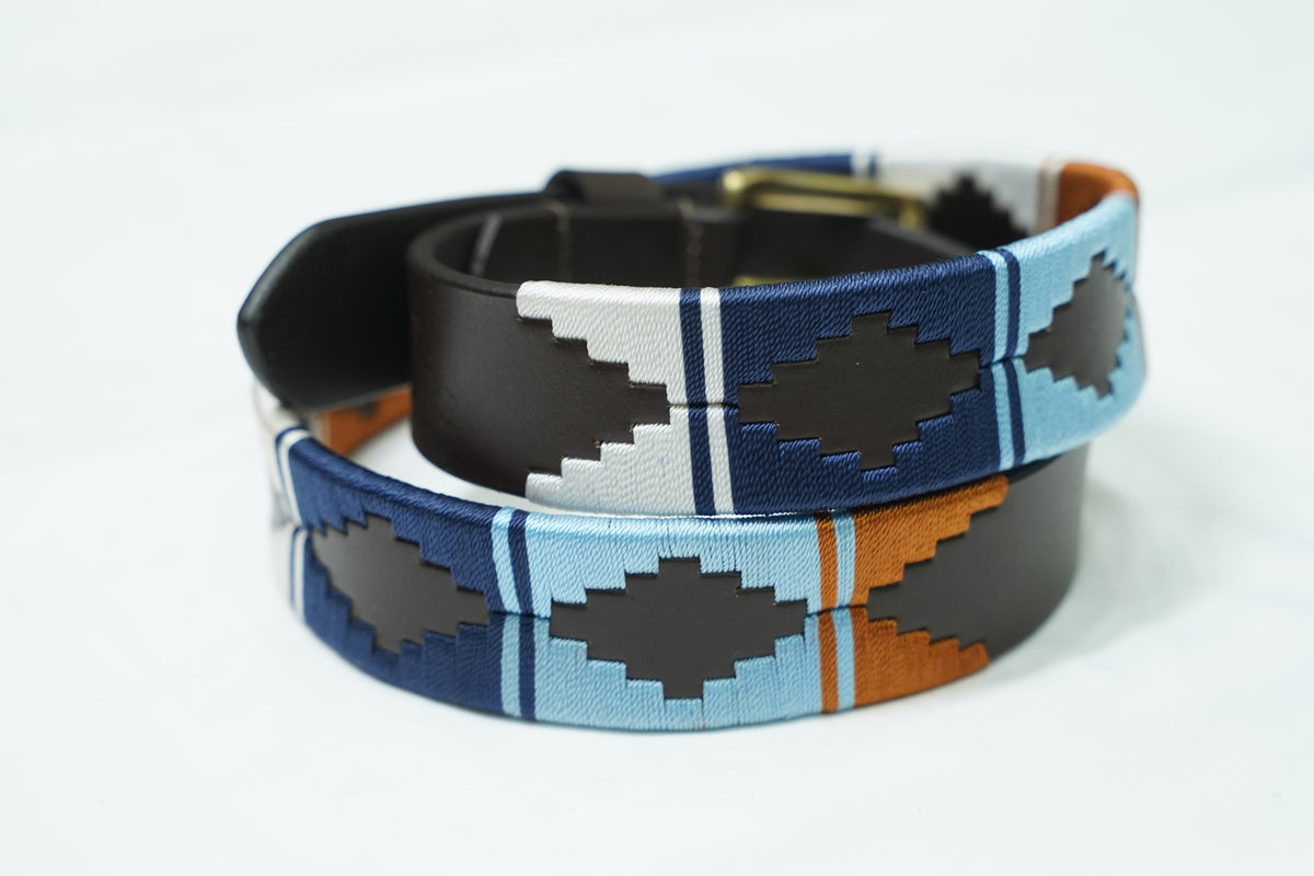 Sky Blue Tan Geometric Leather Belt