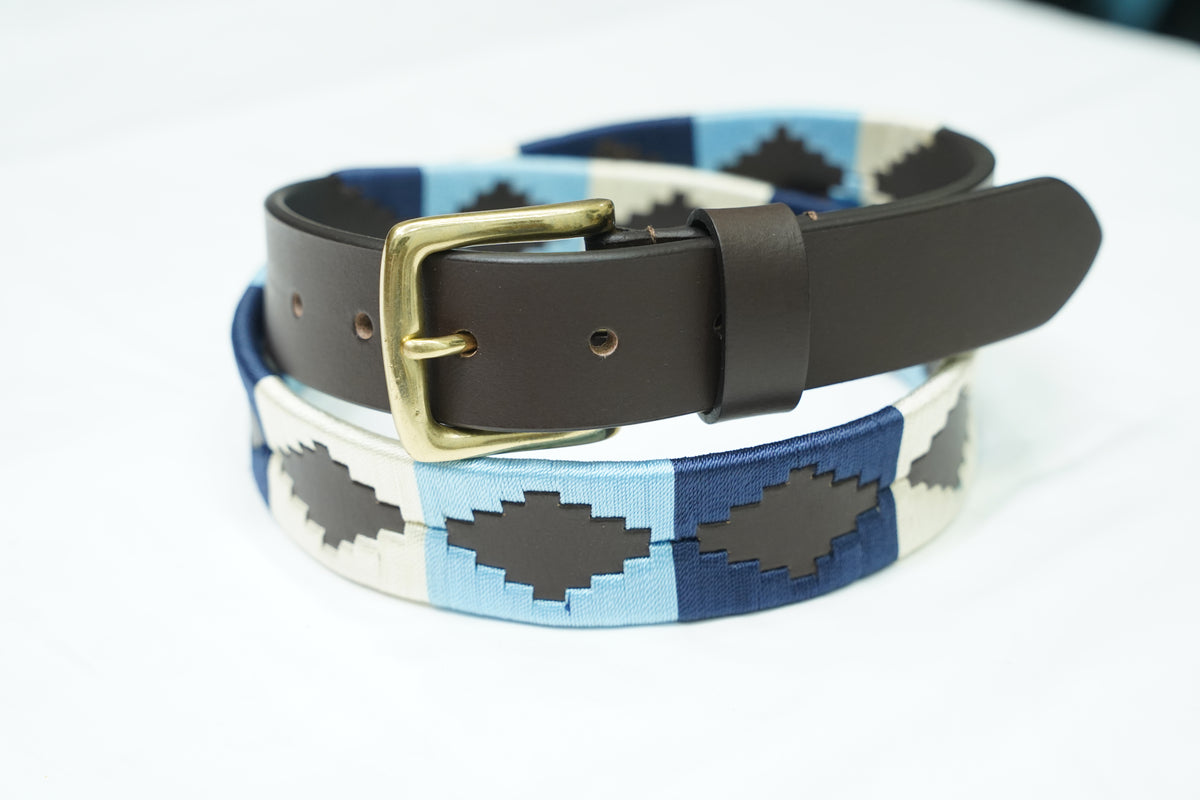 Blue White Geometric Leather Belt