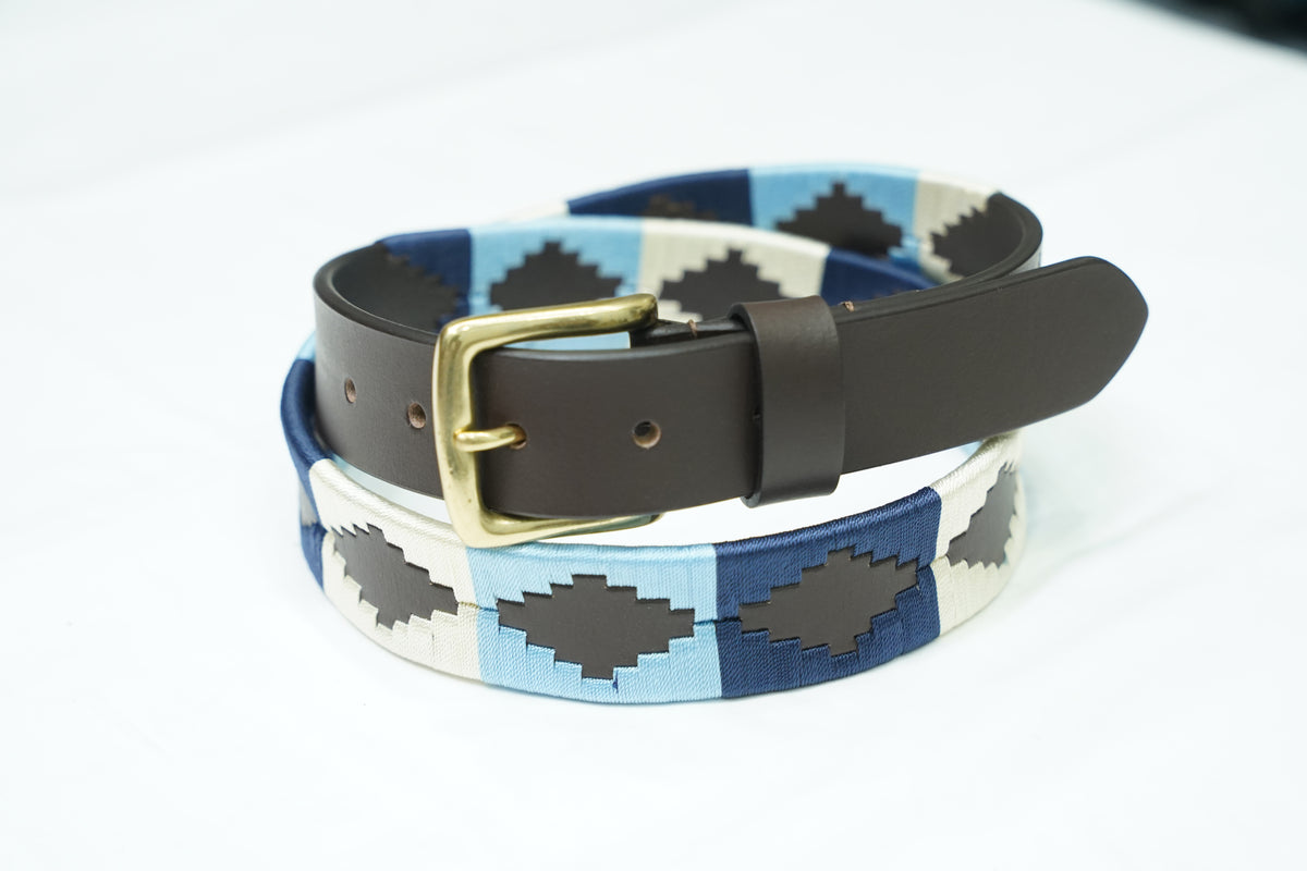 Blue White Geometric Leather Belt