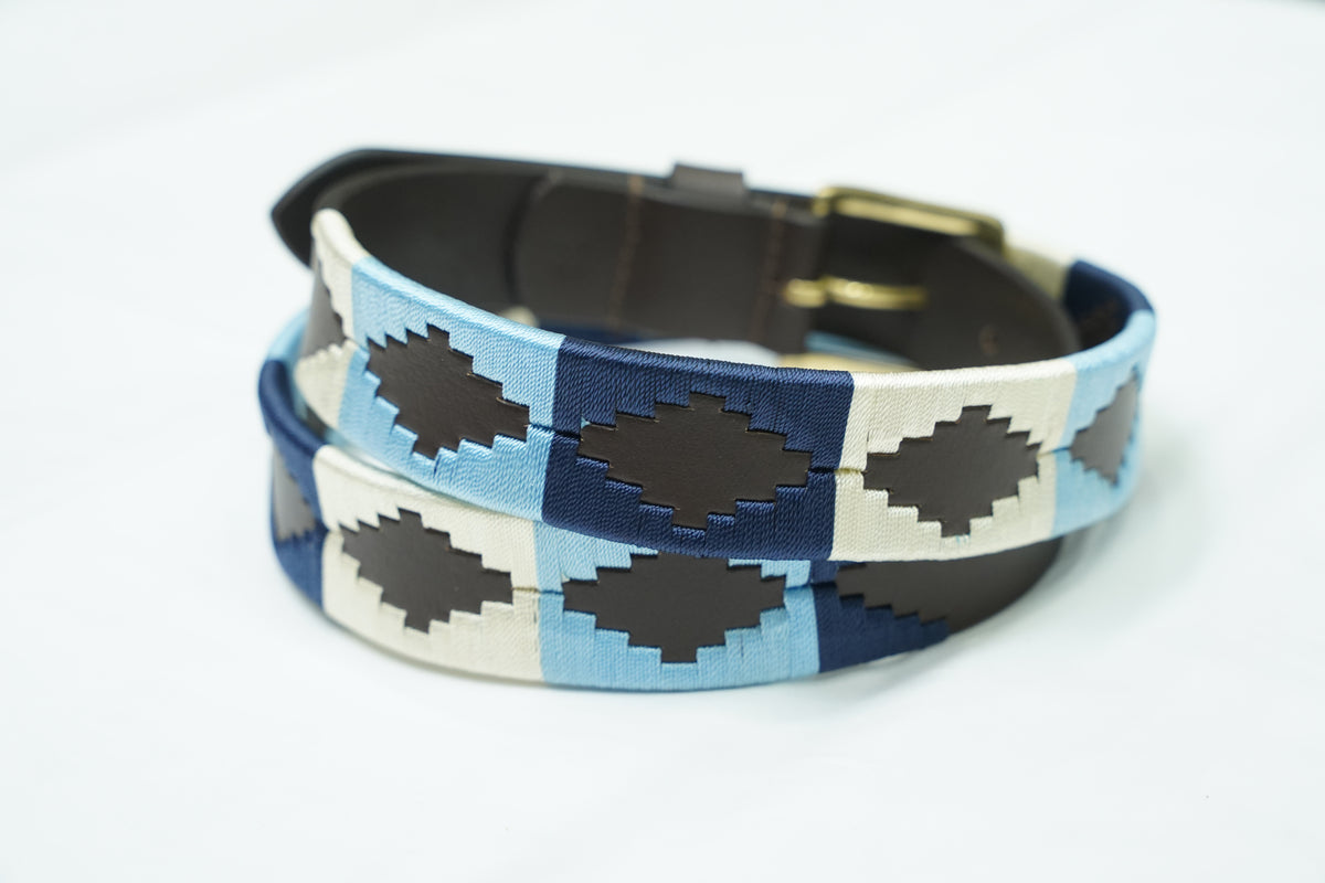 Blue White Geometric Leather Belt
