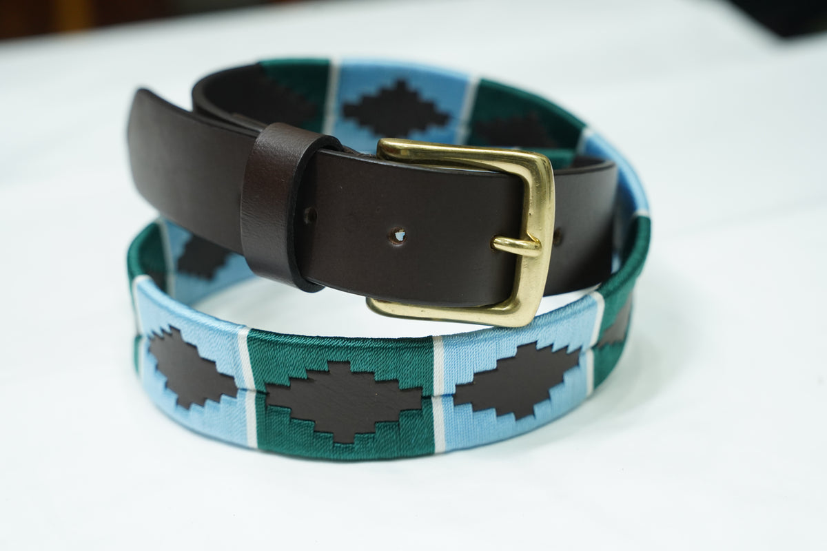 Teal Blue Geometric Leather Belt