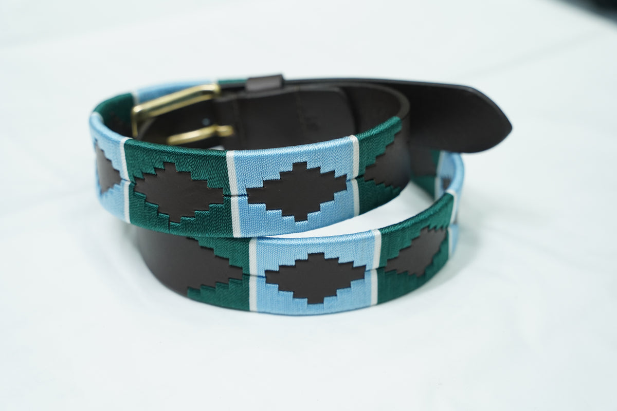 Teal Blue Geometric Leather Belt