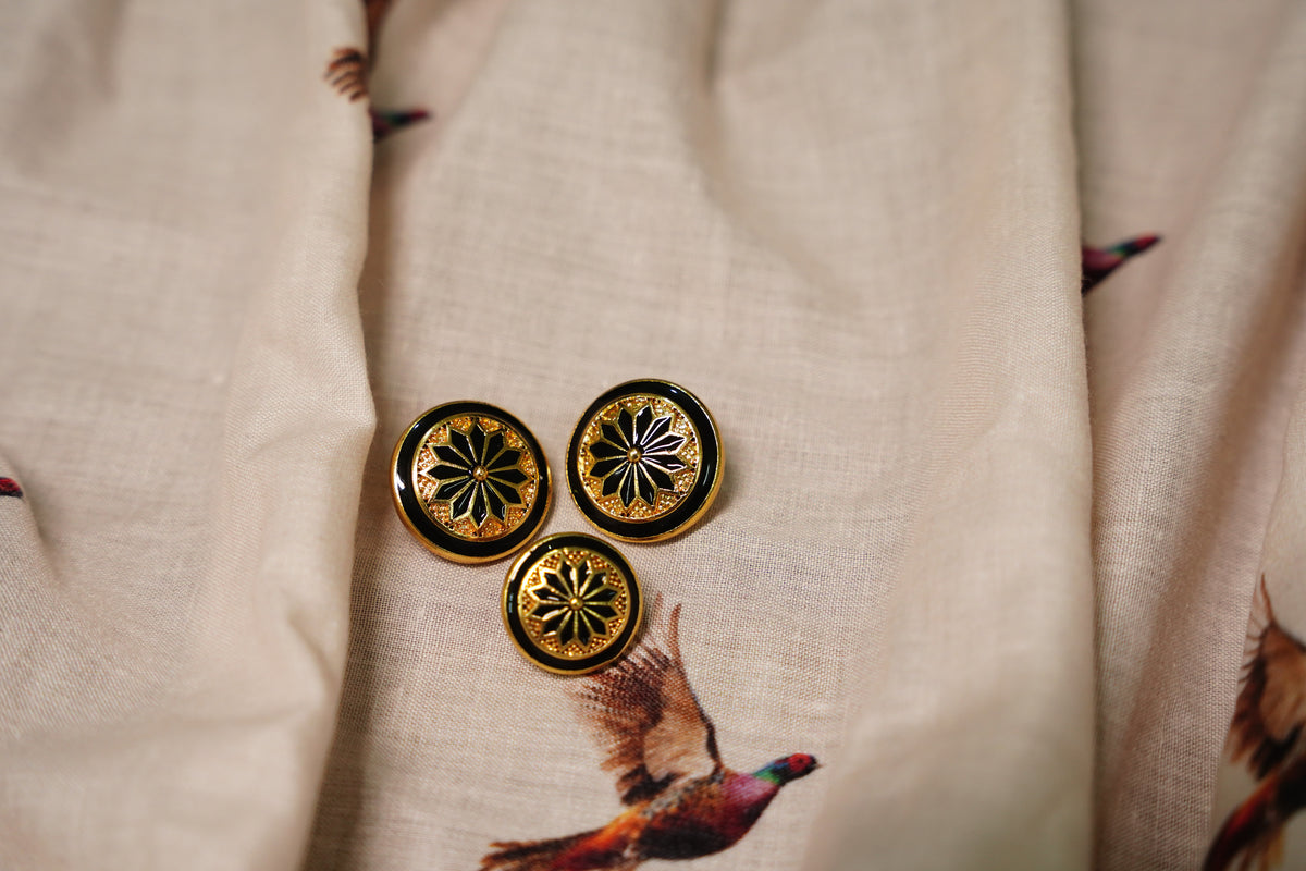 Black Gold Floral Metal Button