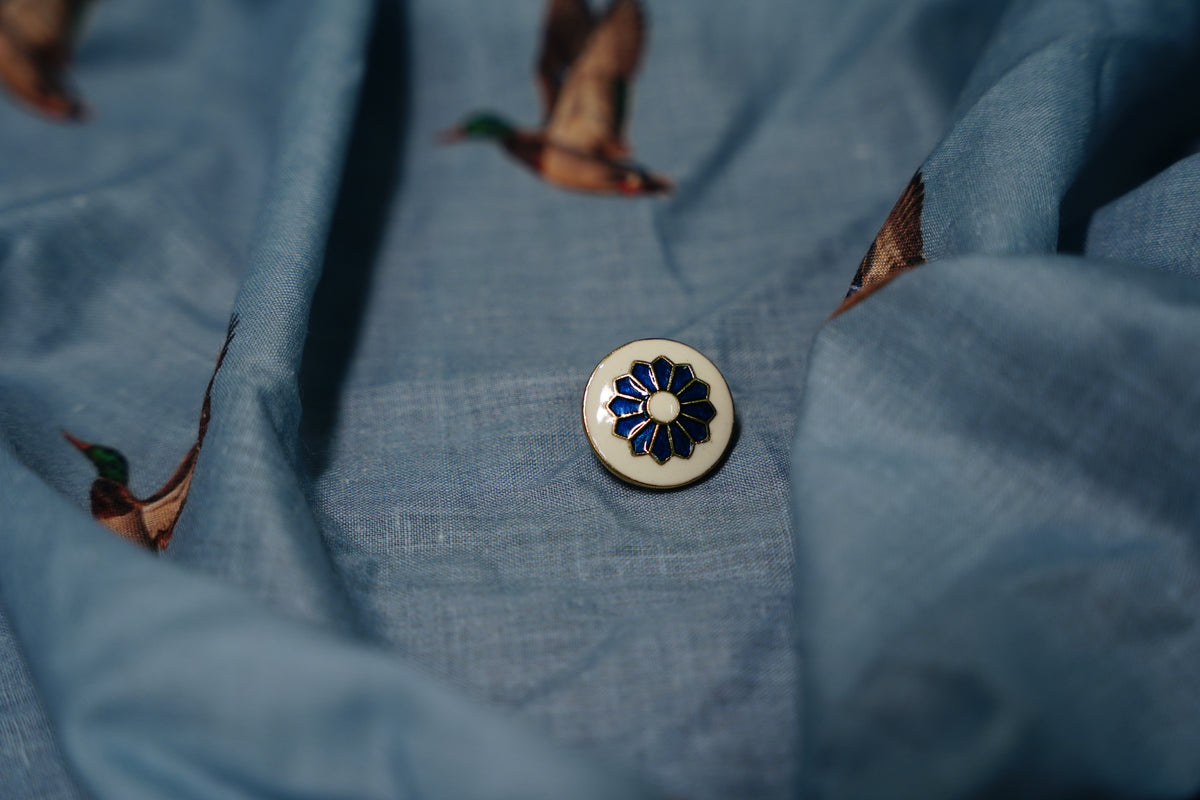 White Blue Floral Metal Button