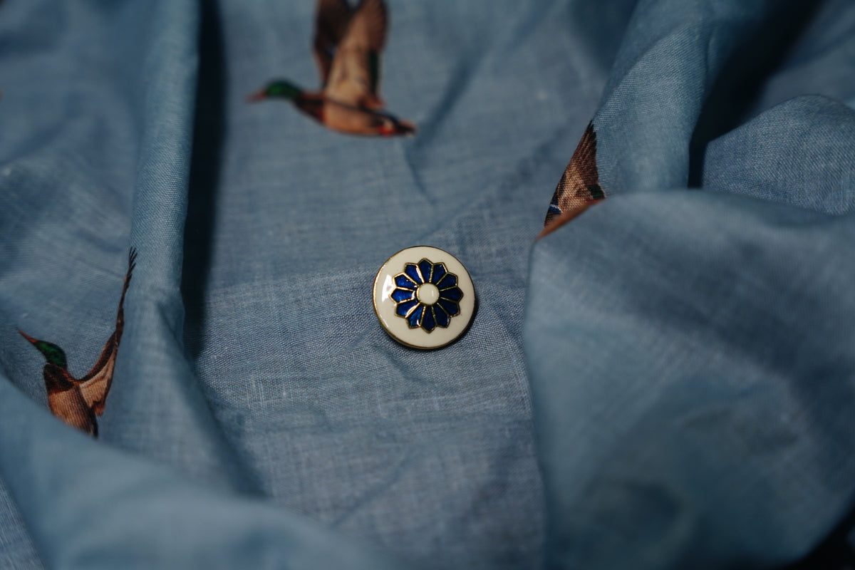 White Blue Floral Metal Button