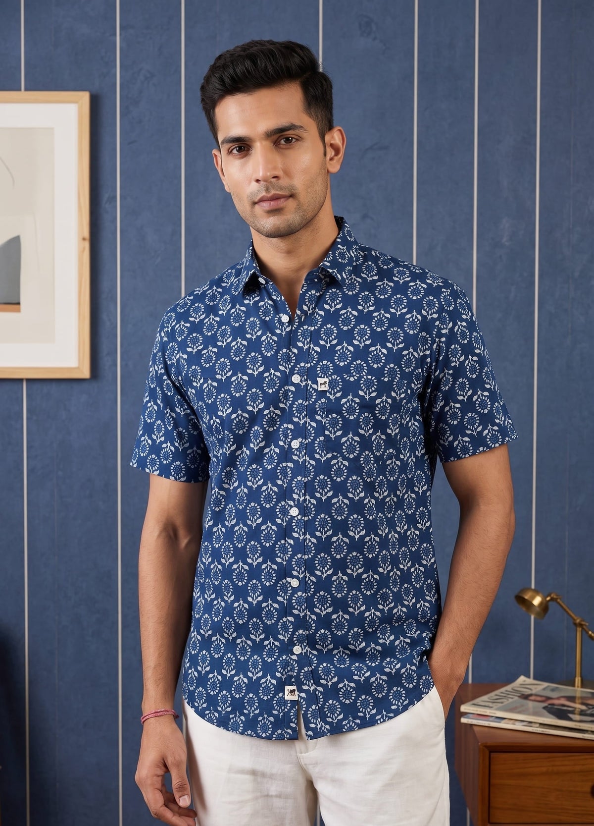 Dark Blue White Floral Printed Shirt