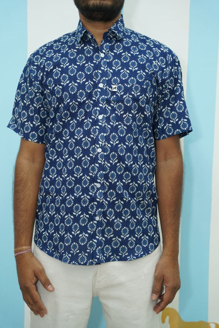 Dark Blue White Floral Printed Shirt