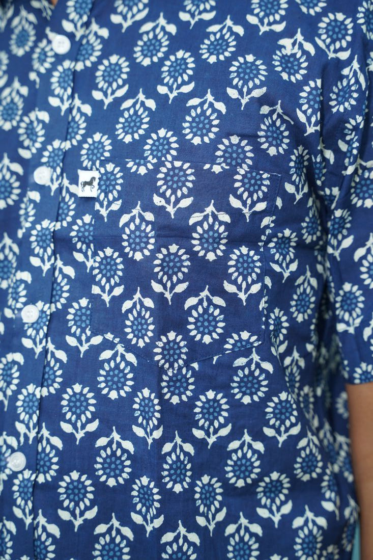 Dark Blue White Floral Printed Shirt