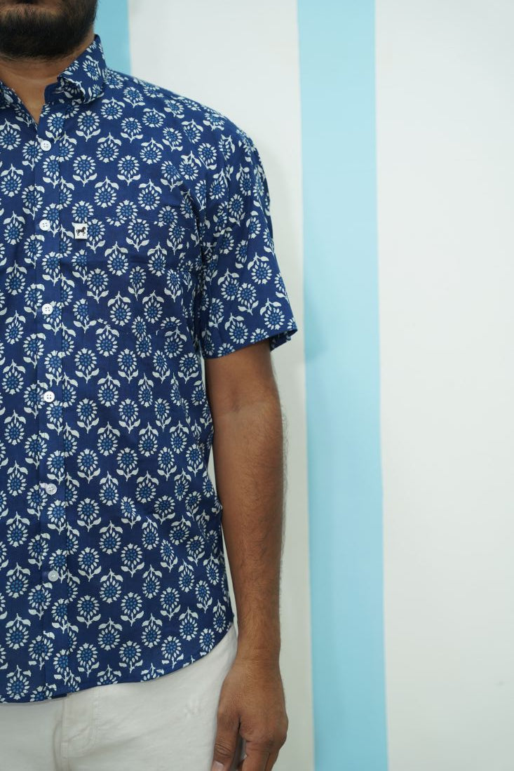 Dark Blue White Floral Printed Shirt