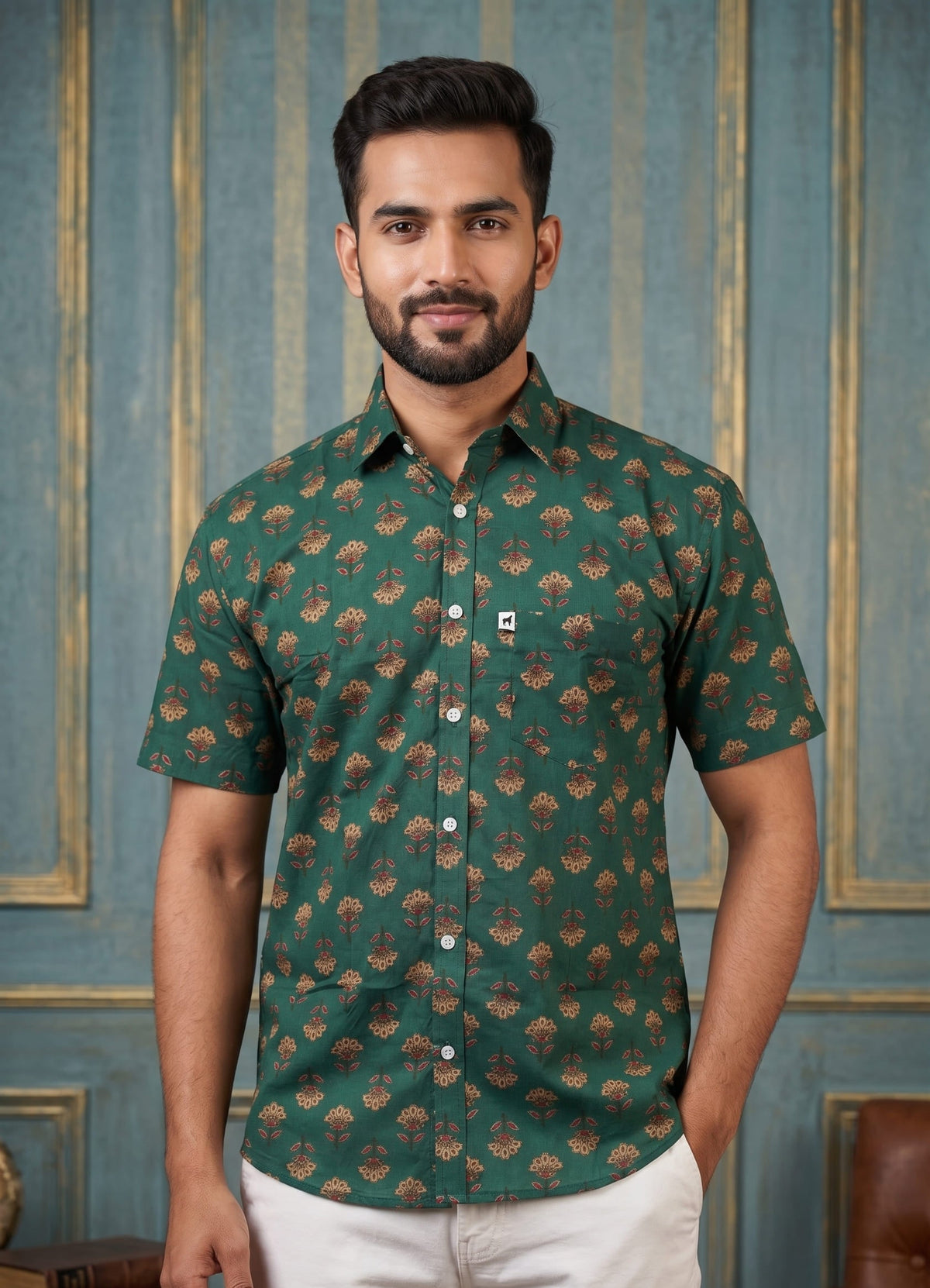 Dark Green Floral Printed Shirt